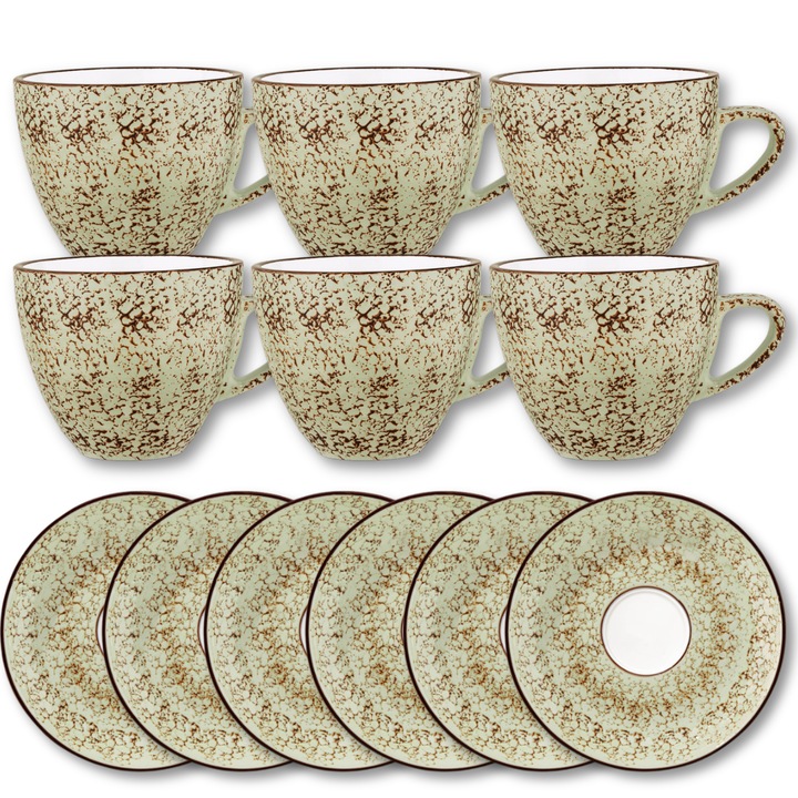 Set cesti cafea lux, Portelan, Fistic, 300 ml, 6x Ceasca + 6x Farfurie elegante, pentru cafea, ceai, cappuccino, Colorboom, Wilmax England