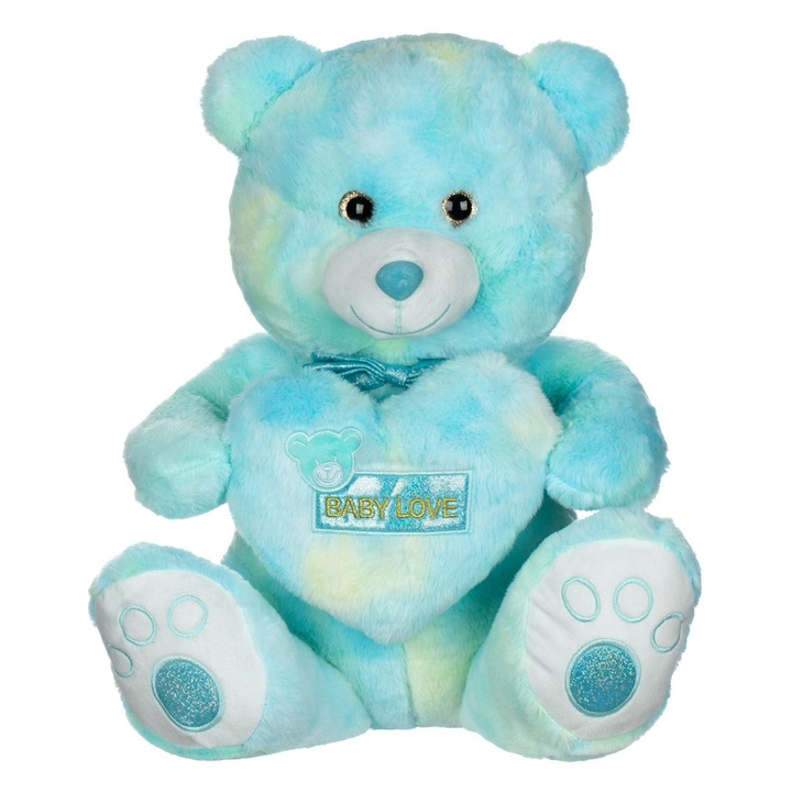 Ursulet de Plus, Baby Love, 45cm, Culoare Ciel, Detalii Verzi, Inaltime 45cm