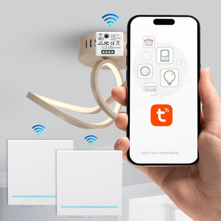 Set 2 intrerupatoare inteligente wireless Veridion®, compatibile cu Tuya, Alexa si Google Home, Wifi, 2 Comutatoare + 1 Receptor smart