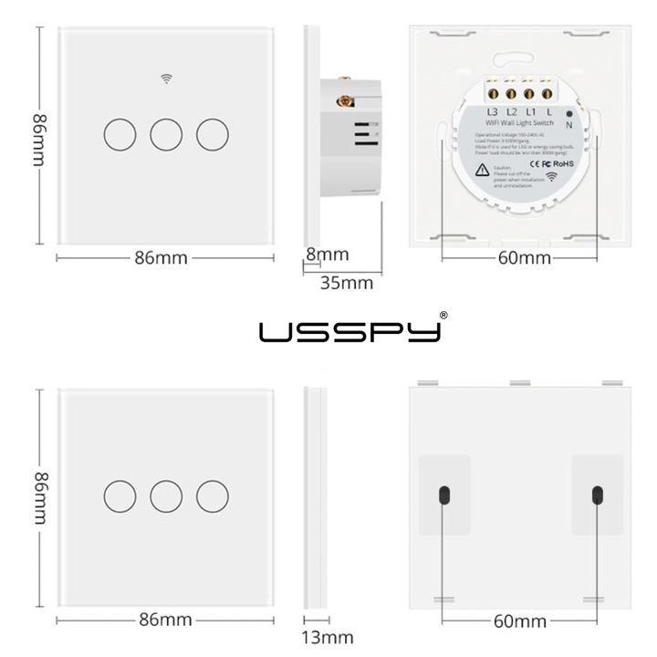 Intelligens kapcsoló érintéssel, USSPY®, okosotthon, Wifi, 2 csatorna, 10A, biztonságos üveg, kompatibilis a Tuya, Smart Life, Amaxon Alexa és Google Assistant, arany