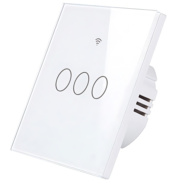 Okos kapcsoló érintéssel, USSPY®, okosotthon, Wifi, 3 csatorna, 10A, biztonságos üveg, kompatibilis a Tuya, Smart Life, Alexa és Google Assistant készülékekkel, fehér