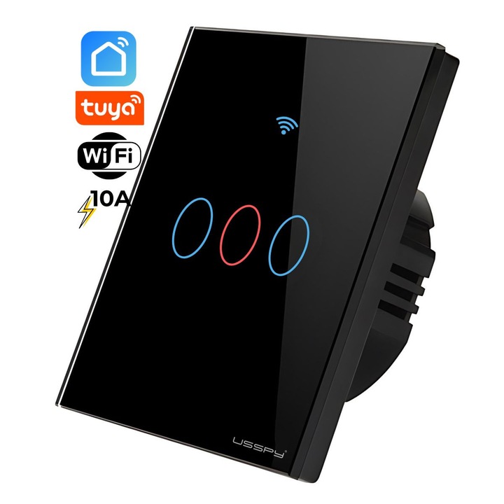 Intrerupator inteligent cu touch, USSPY®, smart home, Wifi, 3 canale, 10A, sticla securizata, compatibil Tuya, Smart Life, Alexa si Google Assistant, negru