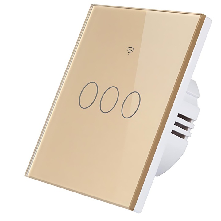 Intrerupator inteligent cu touch, USSPY®, smart home, Wifi, 3 canale, 10A, sticla securizata, compatibil Tuya, Smart Life, Amaxon Alexa si Google Assistant, auriu