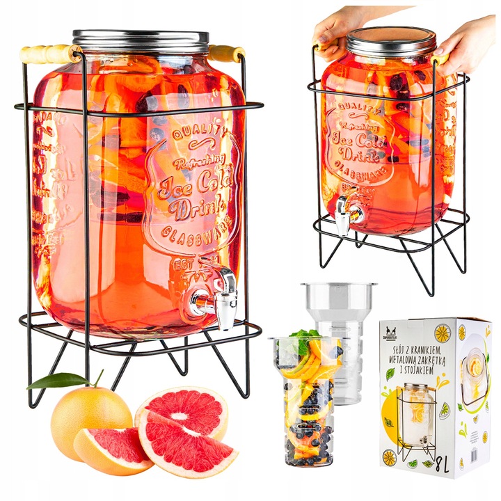 Set Borcan Cu Robinet Pe Suport, Superbutelki, Insertie Pentru Fructe, Suport Metalic Cu Manere, Robinet Practic, Sticla De Inalta Calitate, 40 x 33 x 22 cm, Multicolor