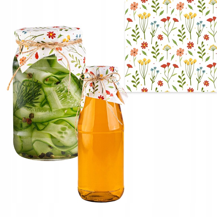 Capace Decorative pentru Borcane, SuperButelki, Cu Sfoara de Iuta, Motiv Floral, Pentru Dulceturi si Gemuri, Imprimeu de Calitate, Finisaj Estetic pentru Conserve, Multicolor, 10 bucati