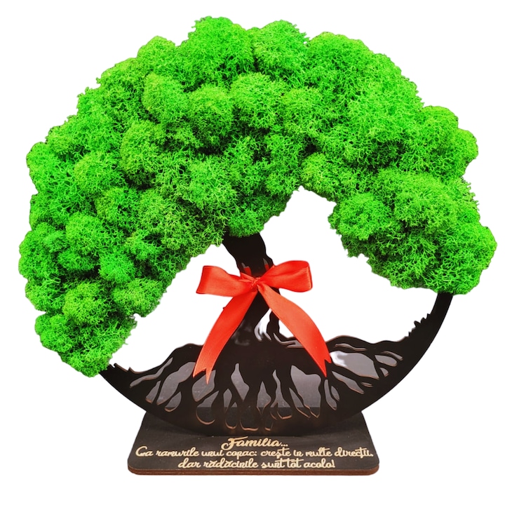 Aranjament cu licheni "Pomul vietii", Cadou de cununie, logodna, nunta, aniversare casnicie, onomastica, familie - gravat cu mesaj "Familia este ca ramurile unui copac", Lemn, 30 cm