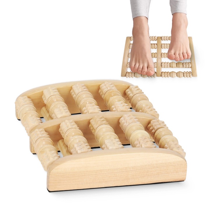 Role de masaj pentru picioare din lemn profilat, 4FIZJO, forma semicirculara, cadru conturat, usor si compact, design durabil si durata, ajustarea perfecta a rolelor la forma picioarelor, precizie si usurinta de utilizare, 24,5 × 18 × 4,5 cm, Bej