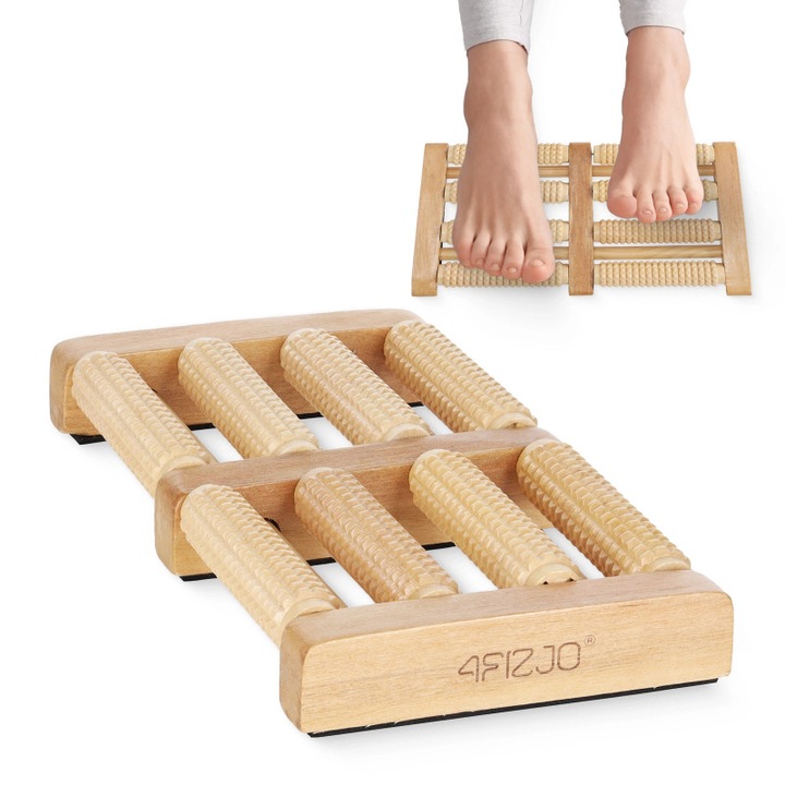 Aparat de masaj pentru picioare, din lemn cu role duble, 4FIZJO, usor si compact, cu crampoane, design durabil si durata lunga de viata, ajustarea perfecta a rolelor la forma picioarelor, precizie si usurinta de utilizare, 31 × 16 × 3,5 cm, Bej