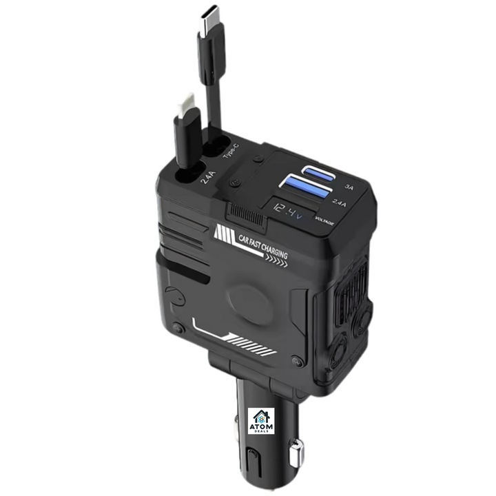 Incarcator auto retractabil 4-in-1, 120W, incarcare super rapida, rotatie 180°, afisaj LED, cablu telescopic 80cm, 1 cablu USB TypeC, 1 cablu pentru iPhone, porturi 1xUSB TypeC 5V/3A, 1xUSB A 5V/2.4A, protectie supraincalzire, scurtcircuit, negru