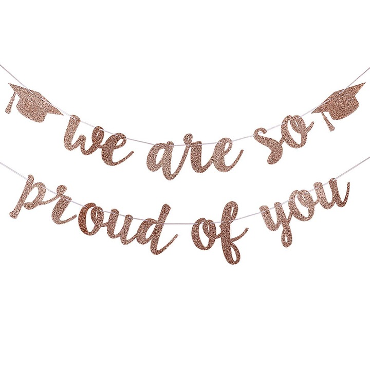Banner decorativ pentru petrecere absolvire, glitter auriu roz, 5.8" litere