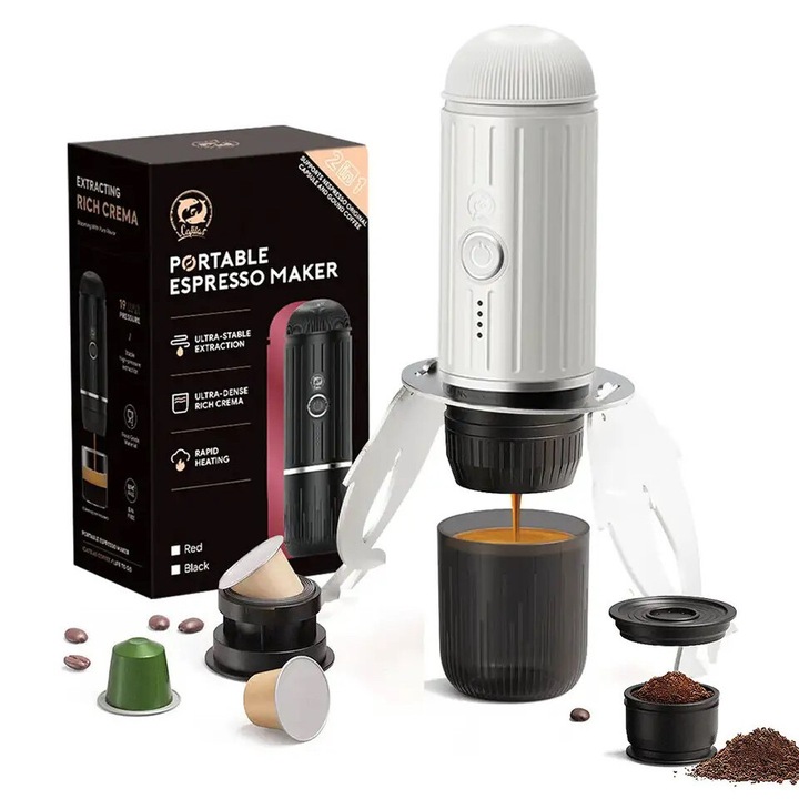 2 in 1 Utazó kávéfőző darált kávéhoz és nespresso kapszulához VÍZMELEGÍTÉSSEL FEHÉR szinben