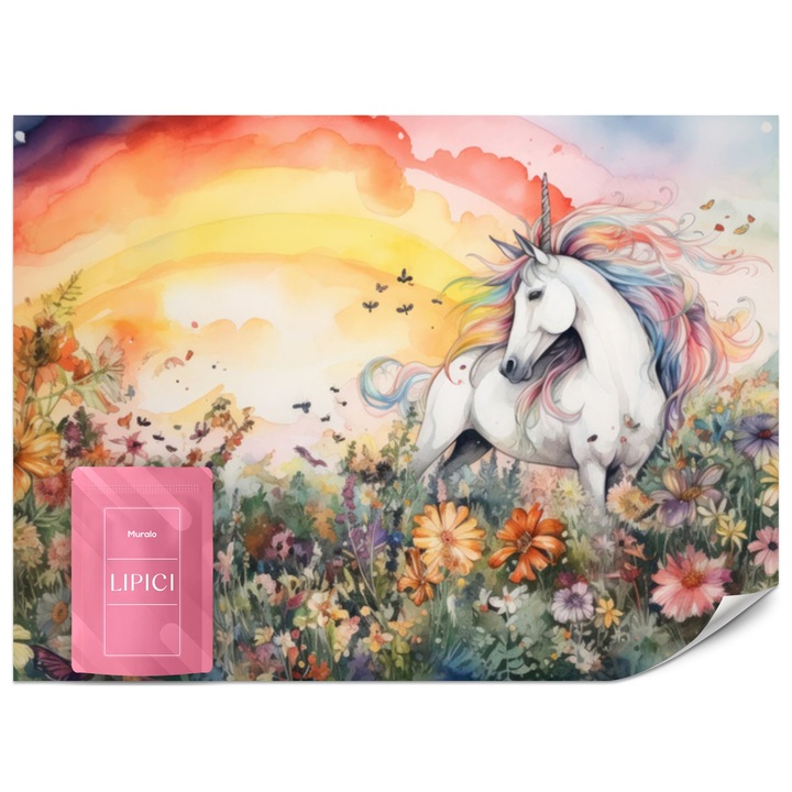 Fototapet Muralo decor cu acuarela colorata pentru camera 135 cm x 90 cm unui copil culorile curcubeului unicorn 3D
