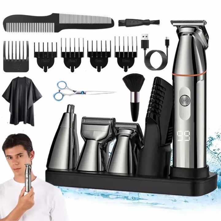 Masina de Tuns si Ras Pro Wanty®️ 5 in 1, Display LED, Pentru Par, Barba, Corp, Nas, Suport cu Baza de Incarcare inclusa, Capete cu Atasament magnetic, 6 Gratare ghidare, Pieptene, Pelerina si Pamatuf Incluse, Autonomie 90˝, Lama R 360°, Waterproof