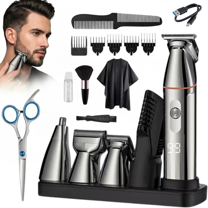 Masina de Tuns si Ras Pro Wanty®️ 5 in 1, Display LED, Pentru Par, Barba, Corp, Nas, Suport cu Baza de Incarcare inclusa, Capete cu Atasament magnetic, 6 Gratare ghidare, Pieptene, Pelerina si Pamatuf Incluse, Autonomie 90˝, Lama R 360°, Waterproof