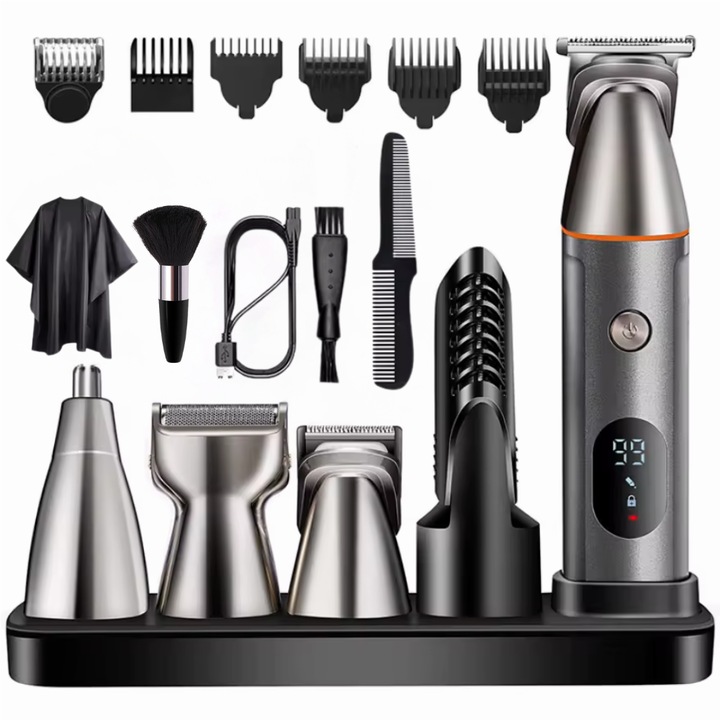 Електрическа машинка за подстригване Pro Wanty 5 в 1, LED дисплей, за коса, брада, тяло, нос, стойка с включена основа за зареждане, глави с магнитна приставка, 6 направляващи решетки, гребен, наметало и четка вкл, авт-ст 90˝, острие R 360 °, Водоуст.