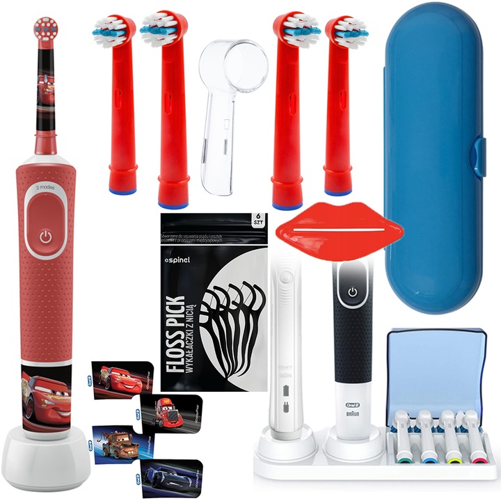 Oral-B Vitality 100 Cars elektromos fogkefe + 4 csere fogkefehegy + kék tok + flip-top állvány