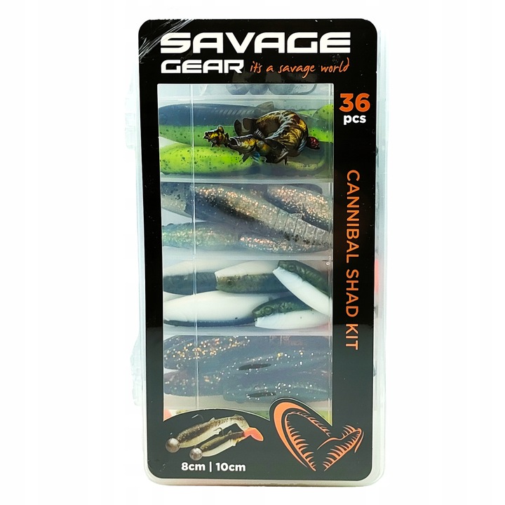 Savage Gear műcsalik készlet, Cannibal Shad 8cm-10cm, 36 elem, színek Lemon Cracker, Hot Olive, Char. Sütőtök, motorolaj, holo csalihal