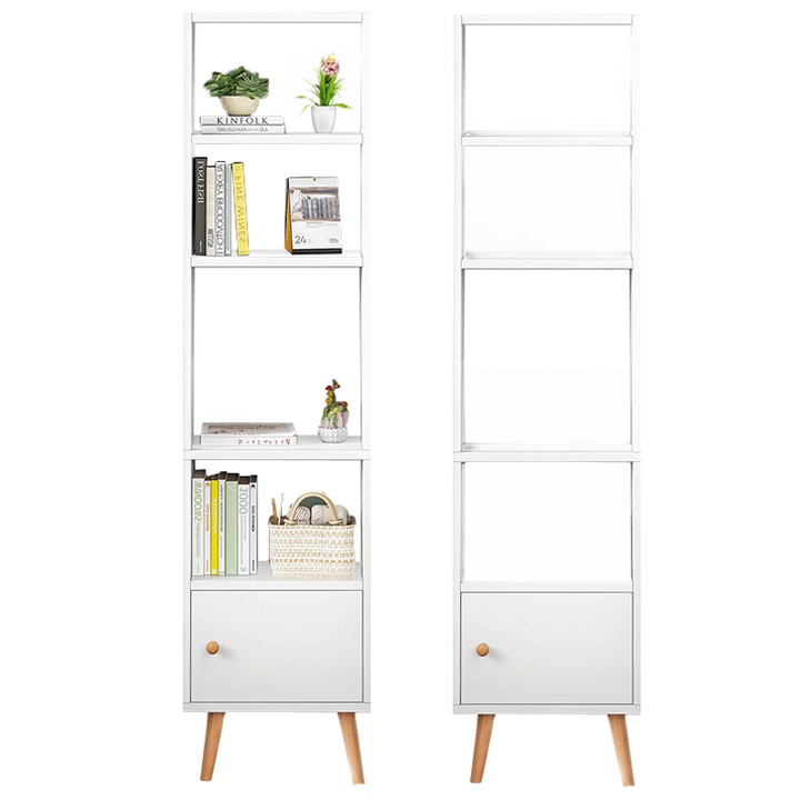 Biblioteca in picioare, 5 rafturi, dulap, pentru carti,, stejar deschis stil scandinav inalt, 180x50x30 cm BADU