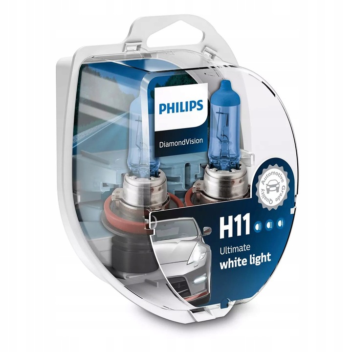 Set 2 becuri Halogen Philips Diamond Vision Ultimate White Light, 12 V, H11, 55 W, PGJ19-2