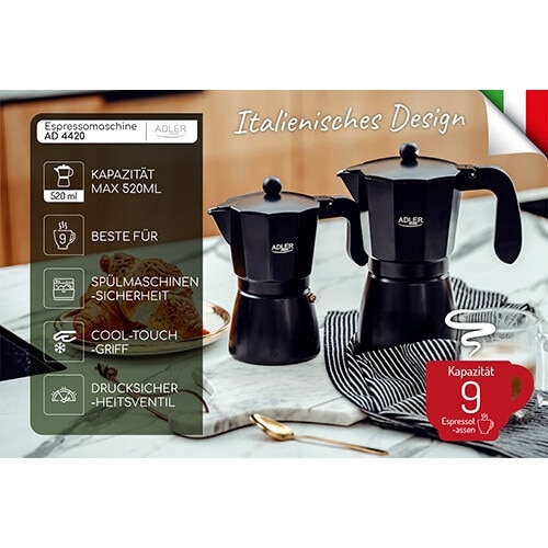 Espressor pentru aragaz, ADLER, 520ml, aliaj de aluminiu, negru