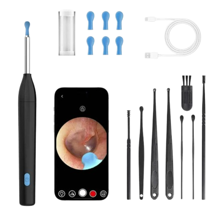 Dispozitiv de curatare urechi cu camera HD 1080p, iluminare LED, rezistent la apa IP67, negru