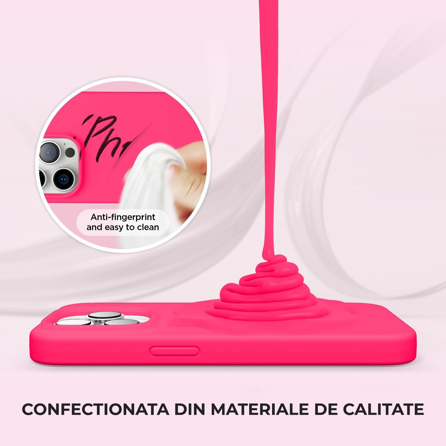 Husa pentru iPhone 16 Pro Max DaDen®, Ultra Slim, Silicon, Calitate Premium, Interior din microfibra, Roz neon