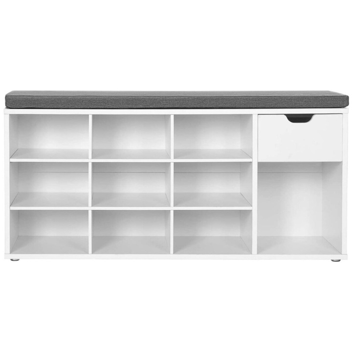 VASAGLE Banca de depozitare cu suport pentru pantofi, 10 compartimente si dulap, cu perna, 30x104x48cm, alb