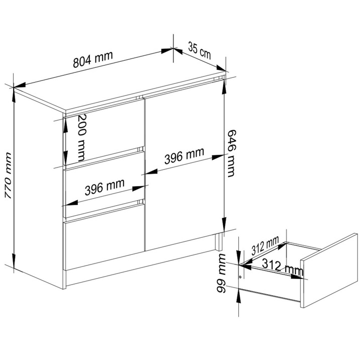 Comoda Akord Furniture Factory, 1 usa, 3 sertare, PAL, 77x80.4x35cm, alb