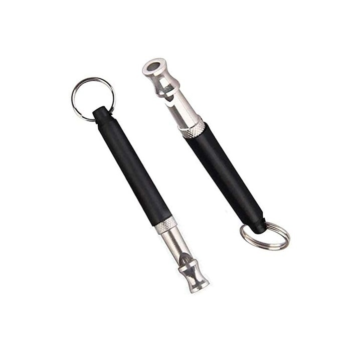 2 db kutyakiképző síp készlet, hossza 8 cm, fém/műanyag, fekete/ezüst, Dactylion®
