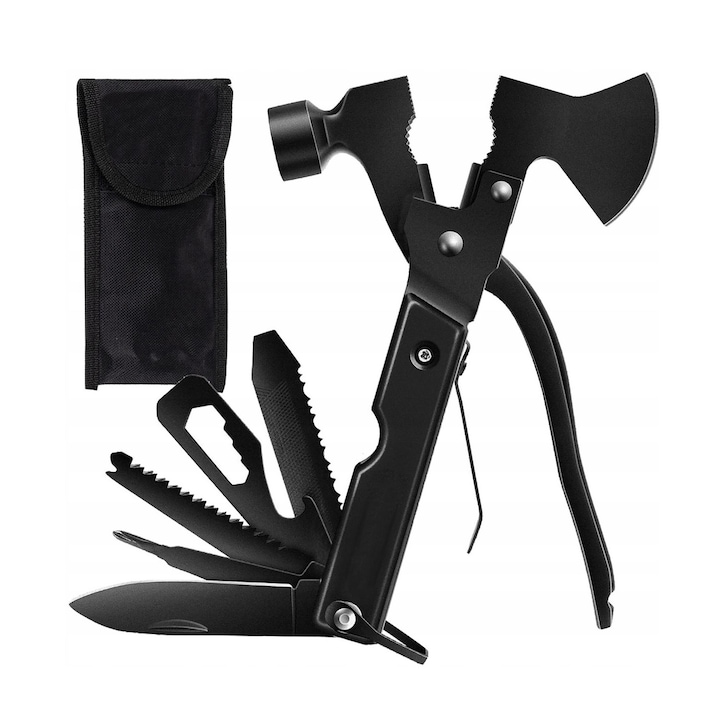 Briceag Multifunctional 12in1 MRG M1121, Cu Ciocan, Topor, Patent, Cutit, Surubelnita, Cheie Fixa, Desfacator, Fierastrau, Inox, Negru
