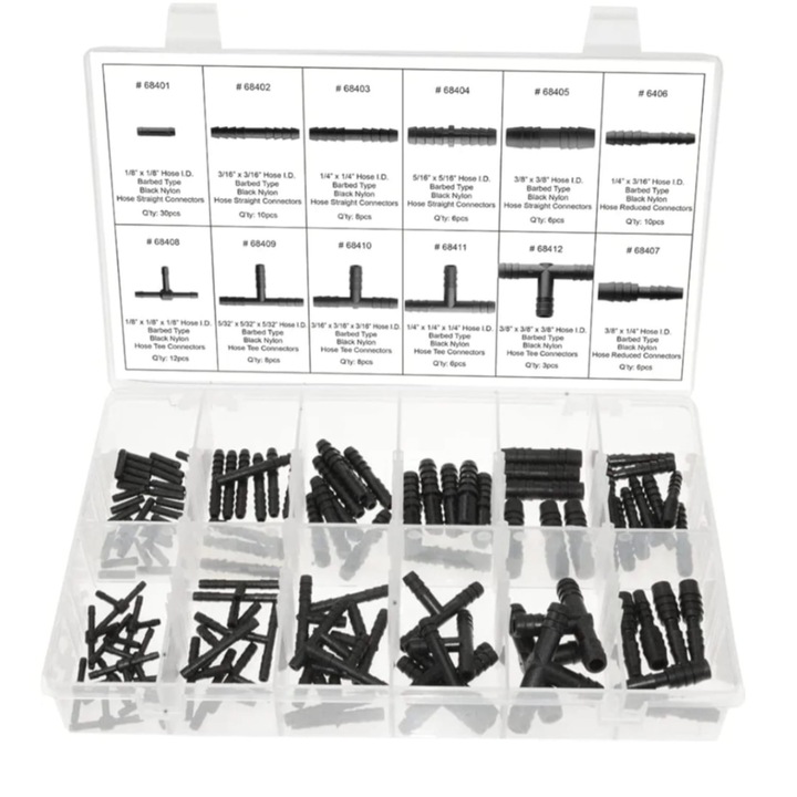 Set de Reductii, Ramificatii, Mufe, pentru furtune si conducte auto,113 bucati, Negru