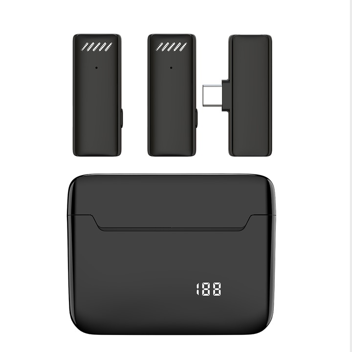 Set 2 microfon lavalier wireless pentru iOS, anulare a zgomotului Android, receptie precisa, microfon rever cu 2 mini microfoane si cutie de incarcare, port Type C