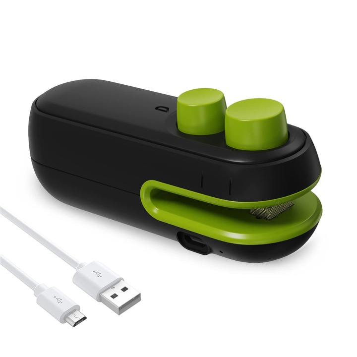 Mini etansare pentru pungi, etansare si taiere termica 2 in 1 reincarcabila, etansare cu vid cu caldura portabila, masina portabila de etansare pentru pungi de plastic, gustari si biscuiti proaspete, negru