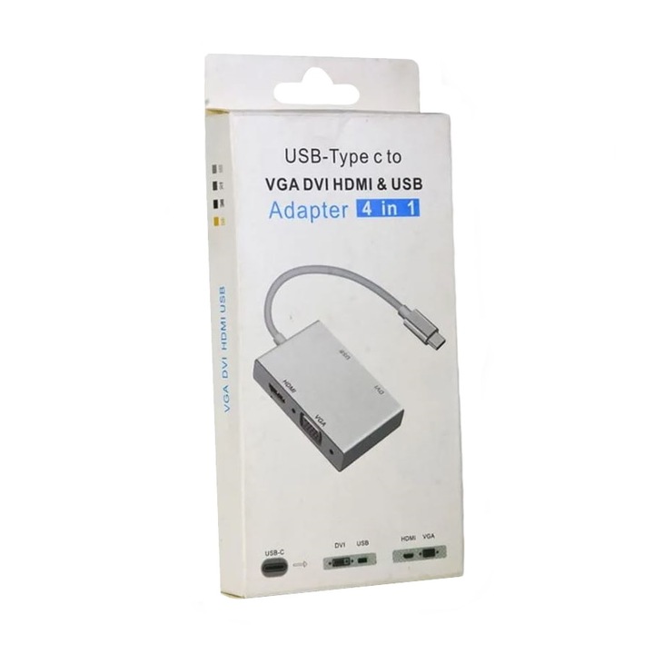 Adaptor Nelbo, hub, statie andocare tip C - VGA DVI HDMI si USB 3.0, 4 IN 1, 4K, docking station, carcasa metalica