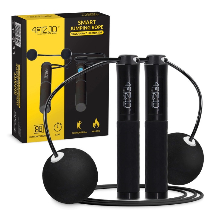 Coarda de sarit cu contor si bile, 4FIZJO, pentru antrenament in interior si in exterior, afisaj LCD, numara timpul de antrenament, numarul de calorii arse, numarul de sarituri, manere antiderapante, 