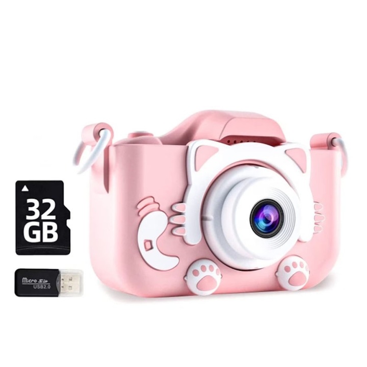 Детска камера, 32GB SD карта 1080P HD, 23 милиона пиксела, 2.0 инча, 600 mAh, 3 години+, Розов