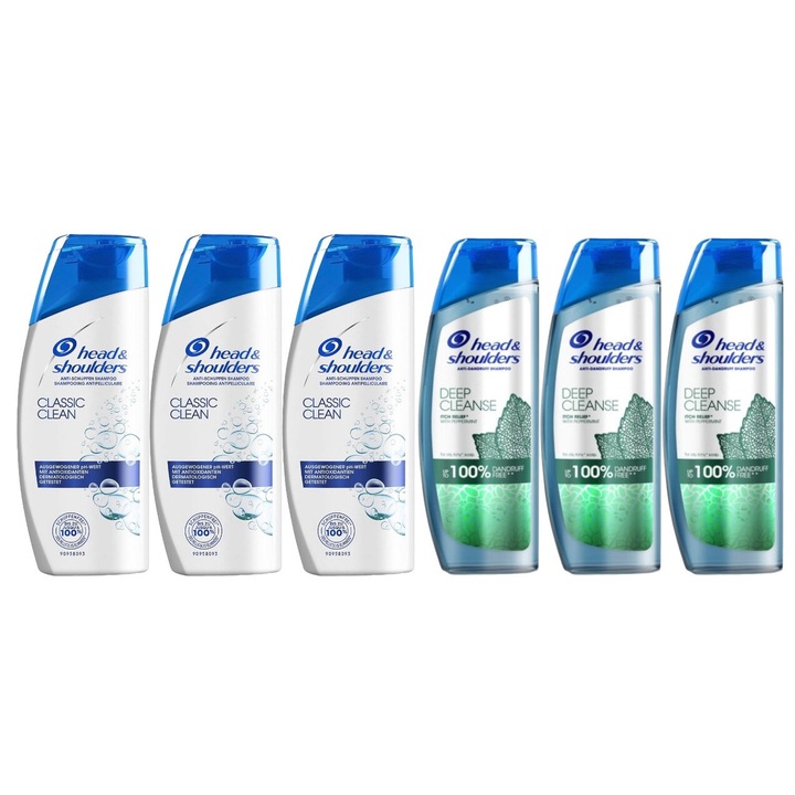 Set Igiena Head&shoulders 6 x Componente, 3 x sampon 90ml clasic clean, 3 x derma x sampon 250ml deep clean anti itch, testat dermatologic, prospetime de lunga durata, delicat pentru scalp, non-toxic, eco-friendly, aspect stralucitor