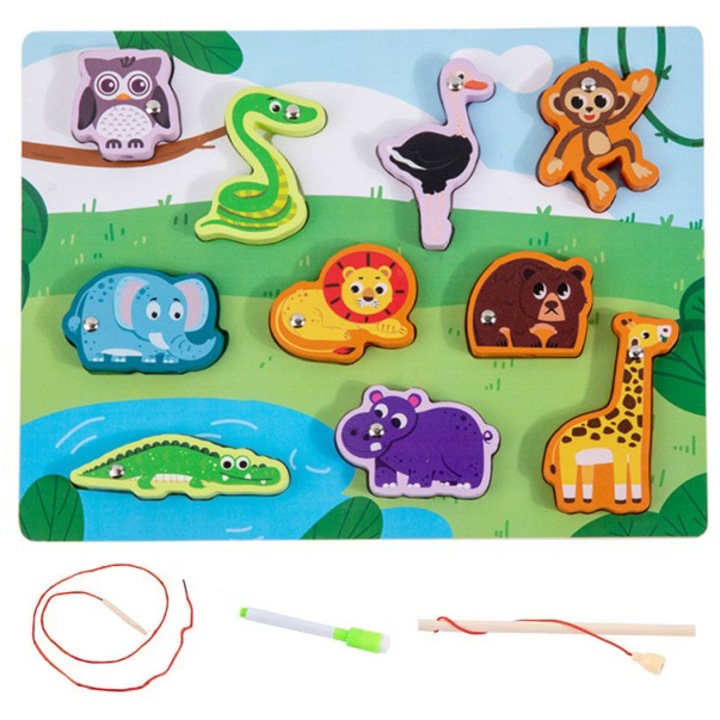 Joc de pescuit din lemn si magnet, snuruit, puzzle incastru si tabla de desenat, cu animale din jungla, E-Toy®