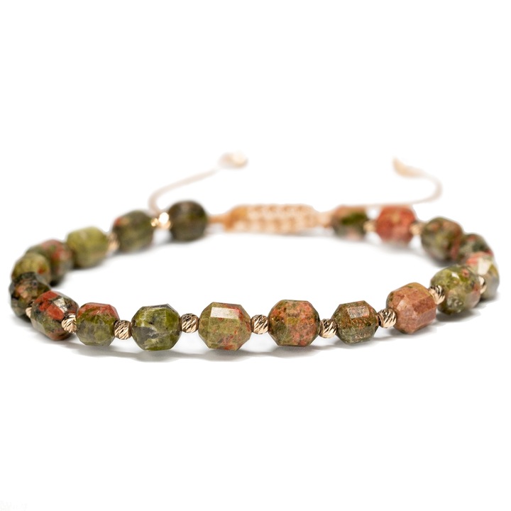 Karkötő, 20 db 14k arany golyóval és unakit féldrágakövekkel, állítható