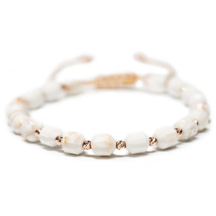 Karkötő, 20 golyóval, 14 karátos rózsaszín aranyból és Howlit féldrágakövekből, állítható