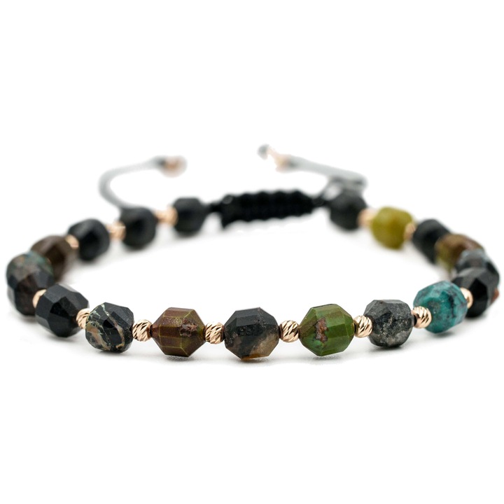 Bratara cu 20 de bile de Aur 14k si pietre semipretioase Turcoaz natural, Ajustabila