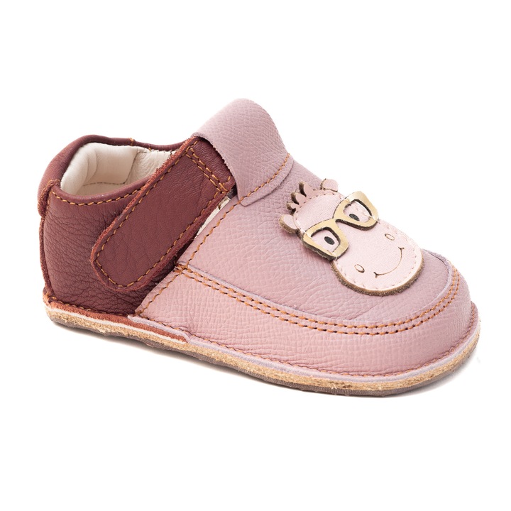 Papucei Barefoot Copii, primi pasi, piele naturala, talpa flexibila de cauciuc, Melvelo - Pink / Brown / Hipopotam 1260, Roz