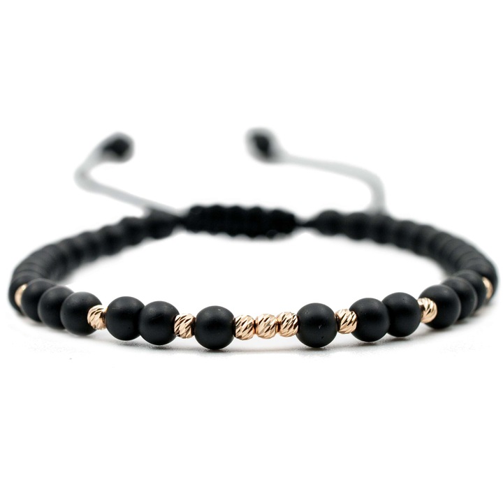 Karkötő, 9 db 14k arany golyóval és matt ónix féldrágakővel, állítható