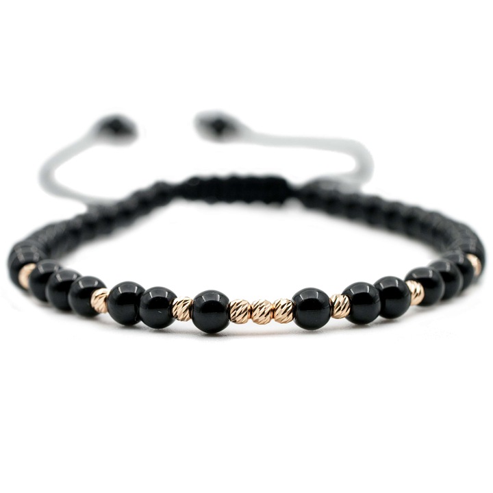 Karkötő, 9 db 14k arany golyóval és fekete ónix féldrágakővel, állítható