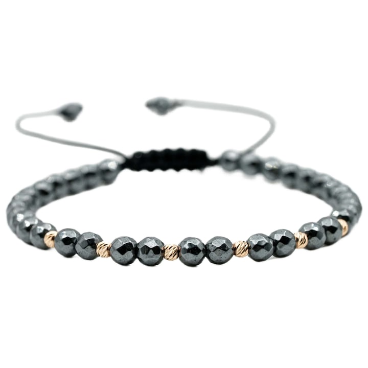 Karkötő, 6 db 14k arany golyóval és csiszolt szürke hematit féldrágakővel, állítható