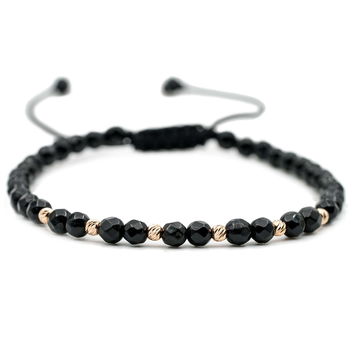 Bratara cu 6 bile de Aur 14k si pietre semipretioase Onix negru fatetat, Ajustabila