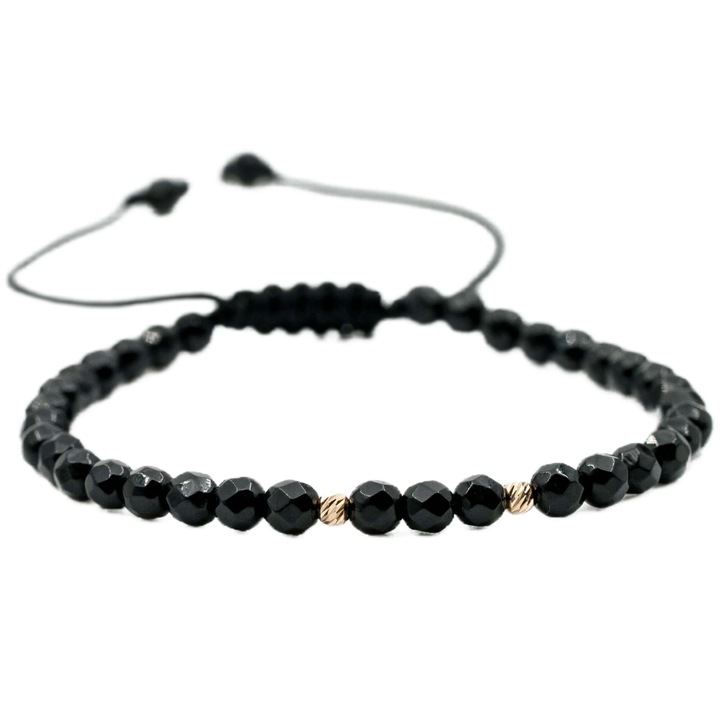 Karkötő, 2 db 14k arany golyóval és csiszolt fekete ónix féldrágakővel, állítható