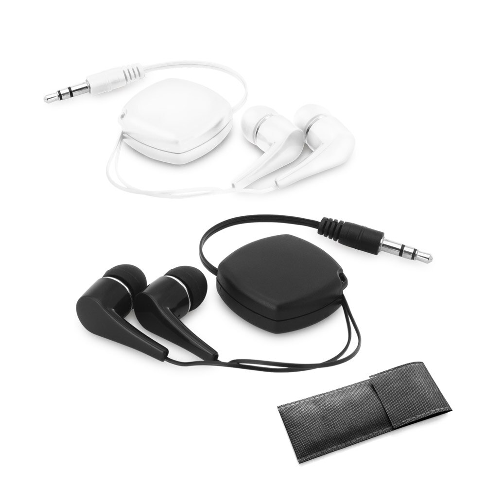 Set 2 Casti retractabile, cu cablu, conexiune stereo, jack 3, 5 mm, husa, 30 x 38 x 11 mm, alb/negru, dalimag