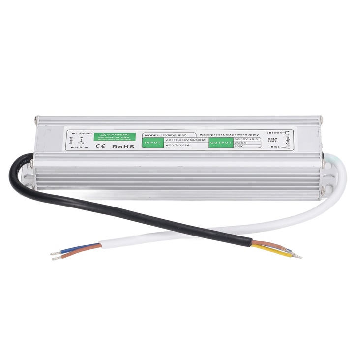 Driver LED impermeabil IP67 Sursa de alimentare cu transformator de joasa tensiune 110V-260VAC la 12VDC Convertor 60W