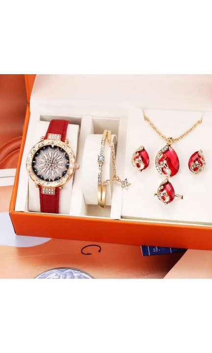 Set Ceas si Bijuterii Luxos Andrix 5 Piese Cu Zirconiu, Auriu, Eleganta si